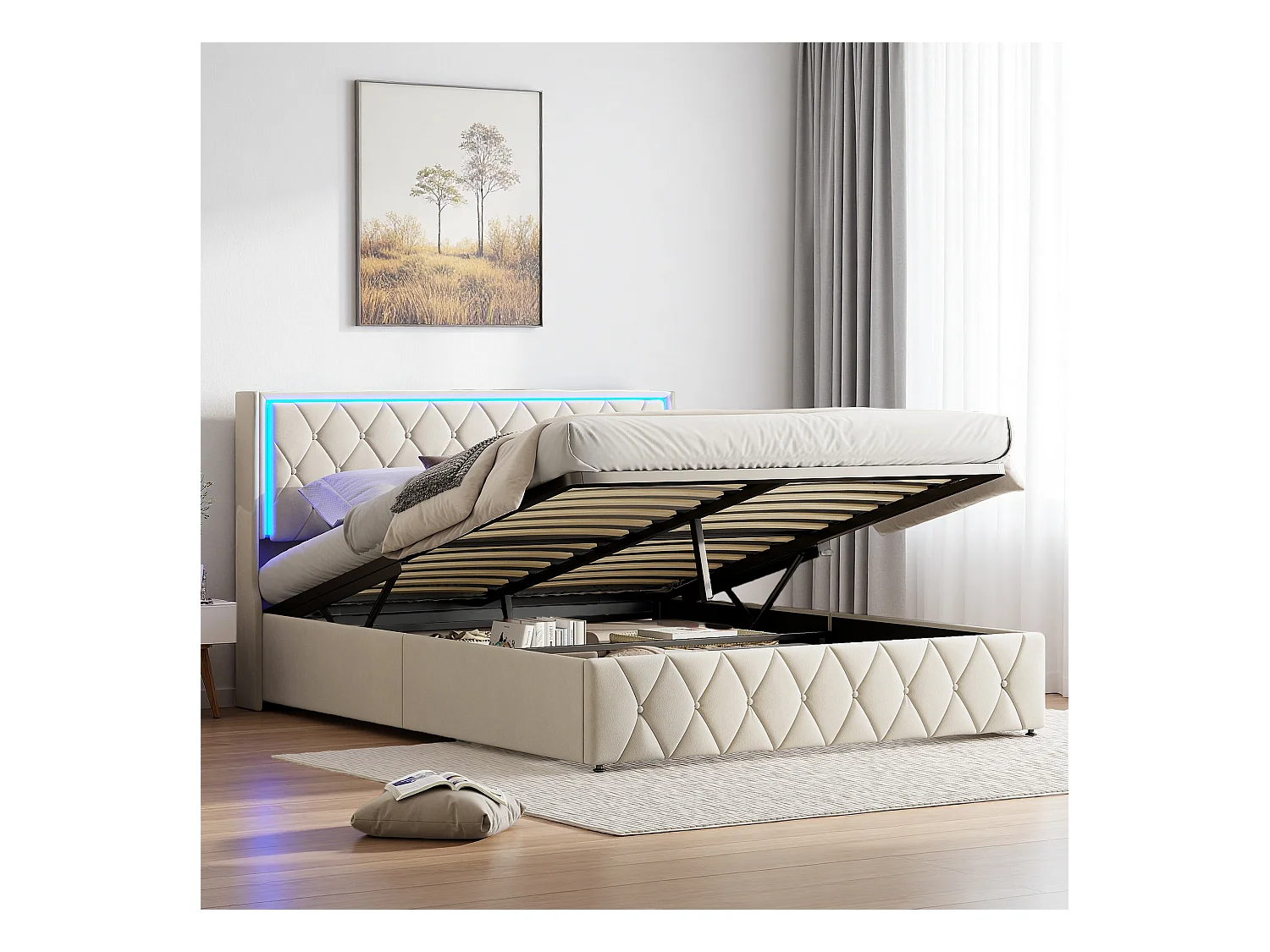 Cama con canapé. Cama de terciopelo beige de 140 x 200 cm con iluminación LED integrada y puertos de carga - Diseño moderno y funcional