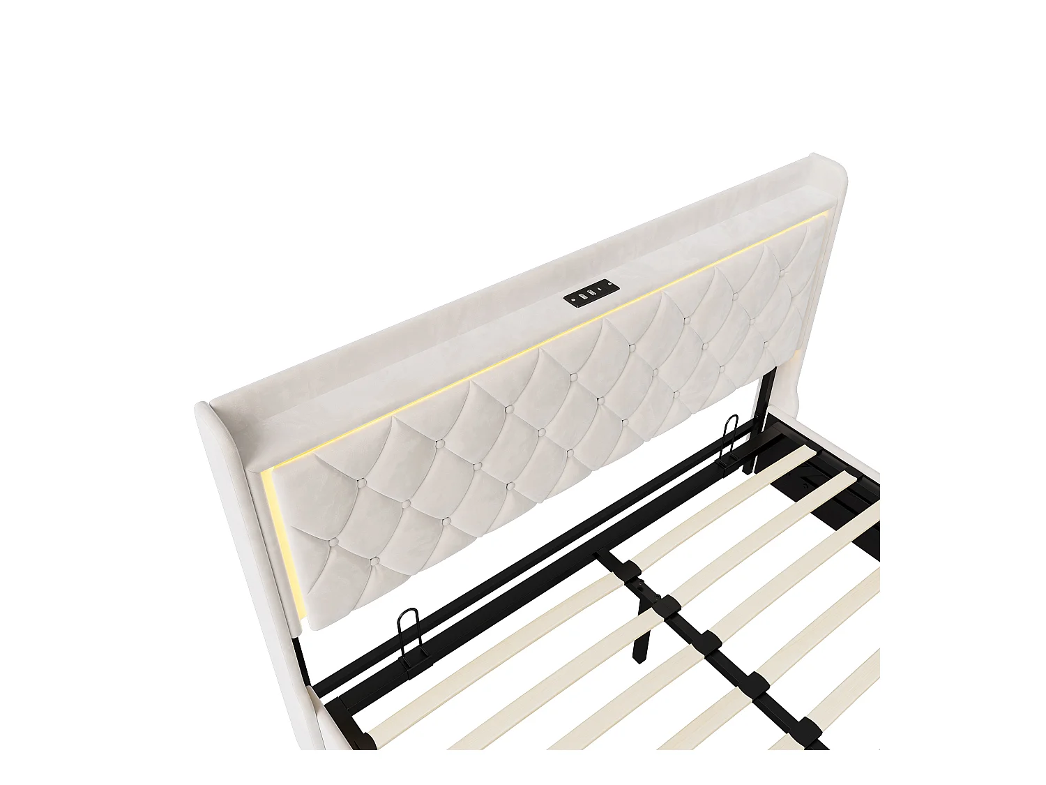 Cama con canapé. Cama de terciopelo beige de 140 x 200 cm con iluminación LED integrada y puertos de carga - Diseño moderno y funcional