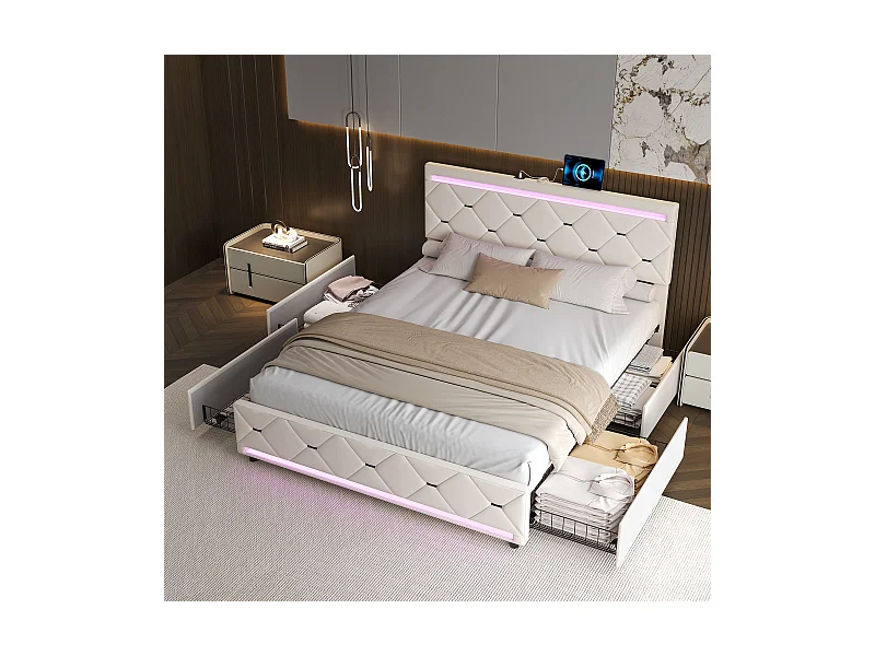 Lit coffre avec 4 tiroirs, LED multicolores et port USB – 160x200 cm – Velours blanc cassé design moderne