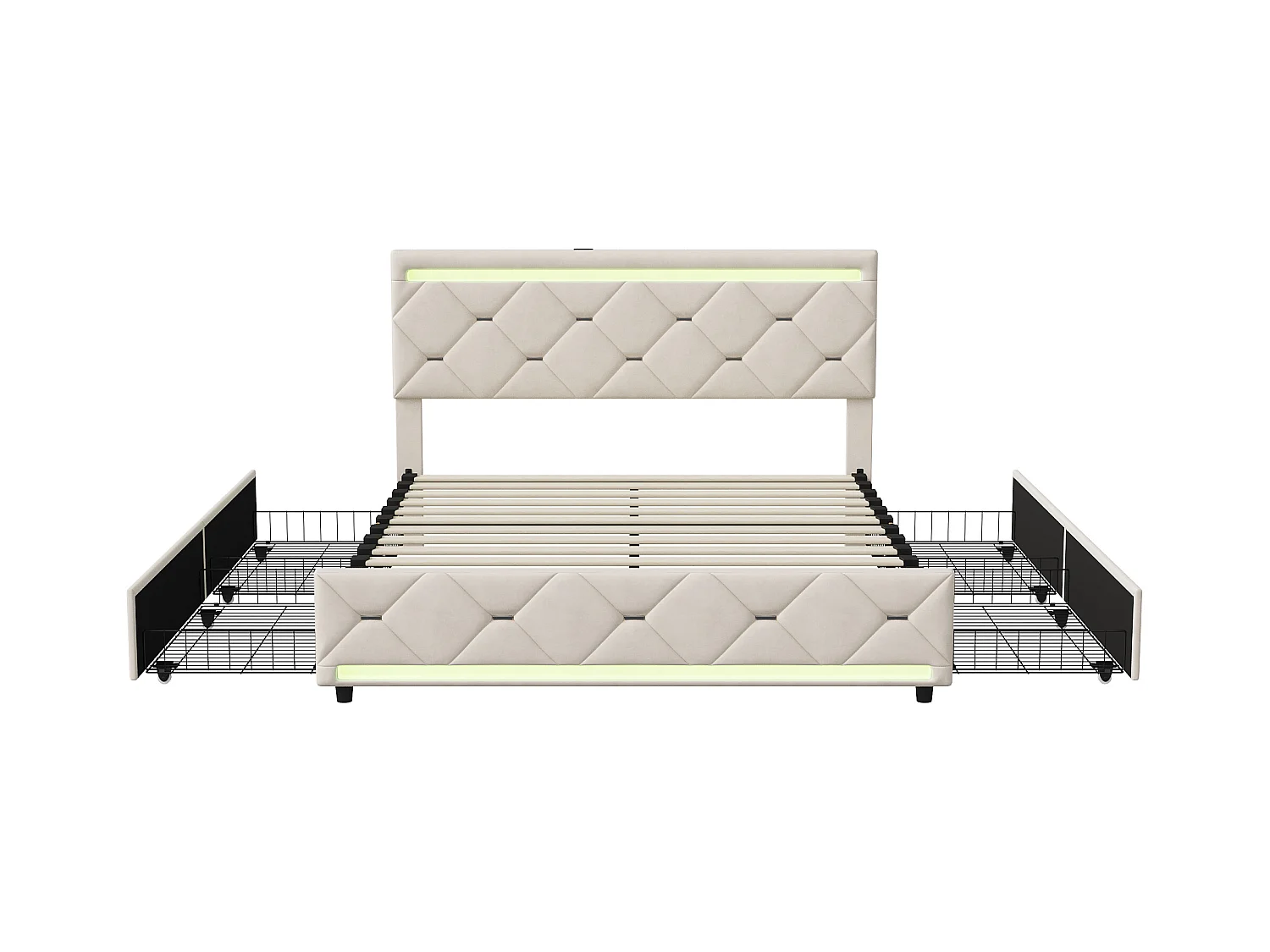 Letto contenitore con 4 cassetti, LED multicolore e porta USB – 160x200 cm – Design moderno in velluto bianco sporco