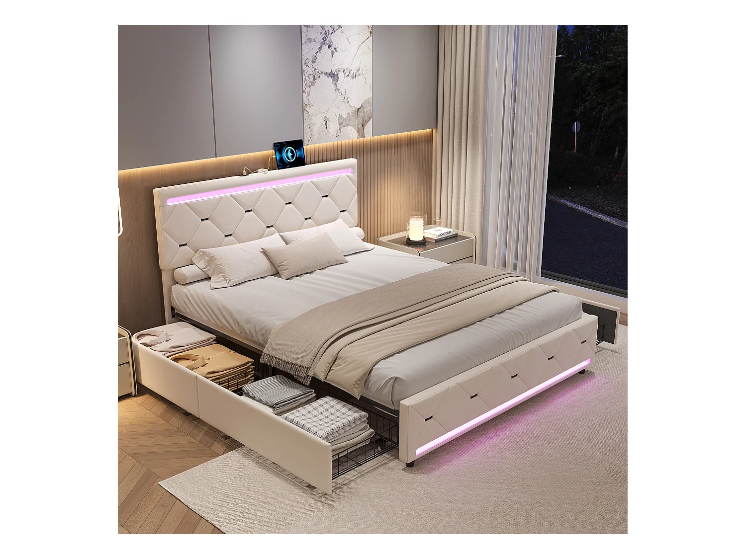 Lit coffre avec 4 tiroirs, LED multicolores et port USB – 160x200 cm – Velours blanc cassé design moderne