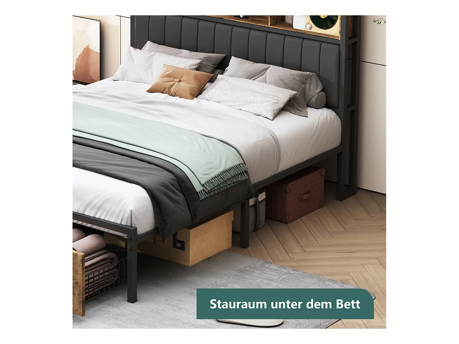 Bed met opbergruimte, 160x200 cm, lattenbodem, PU-bekleed hoofdbord, 2 lades, LED-verlichting en stevig metalen frame.
