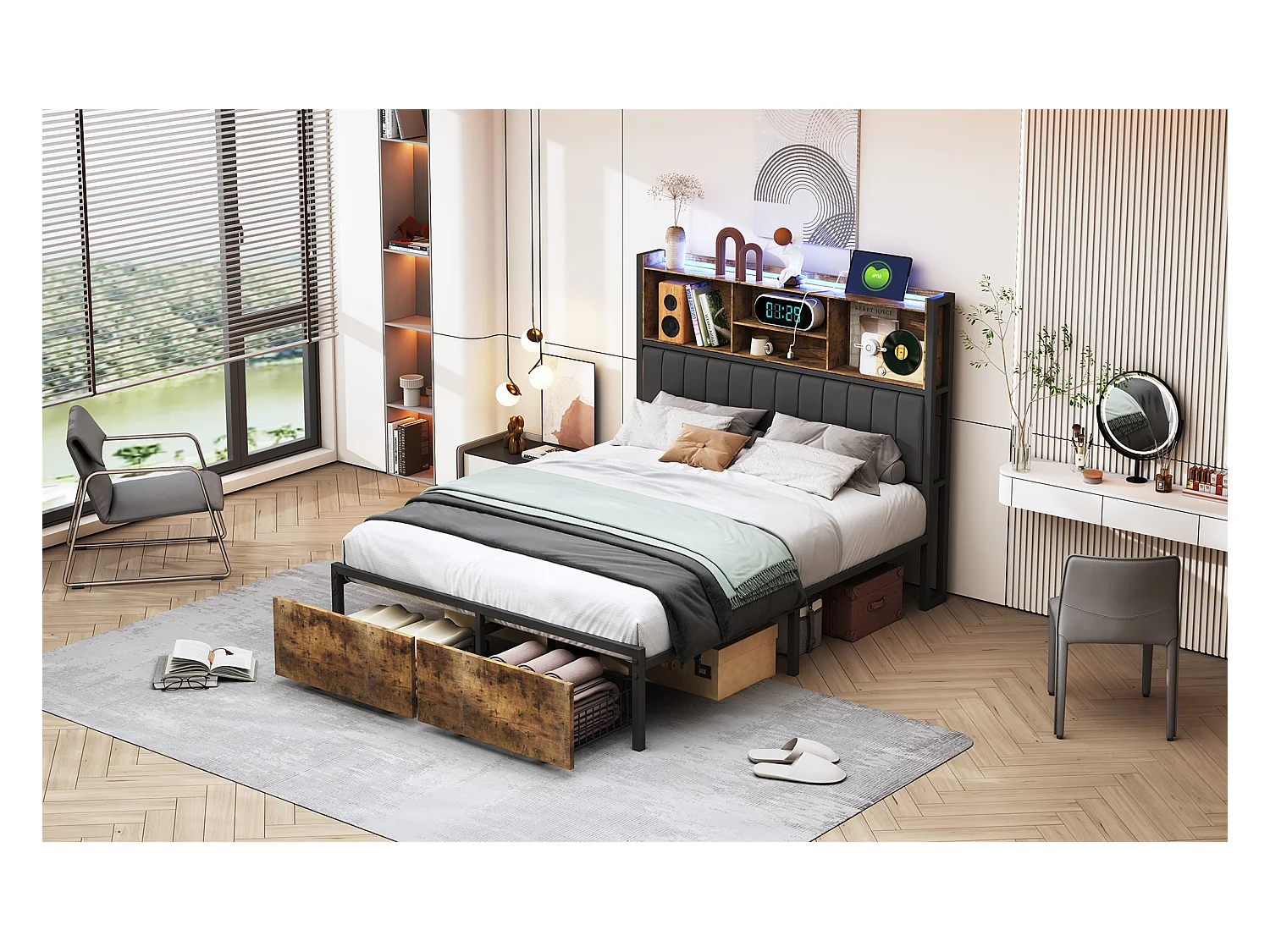 Bed met opbergruimte, 160x200 cm, lattenbodem, PU-bekleed hoofdbord, 2 lades, LED-verlichting en stevig metalen frame.