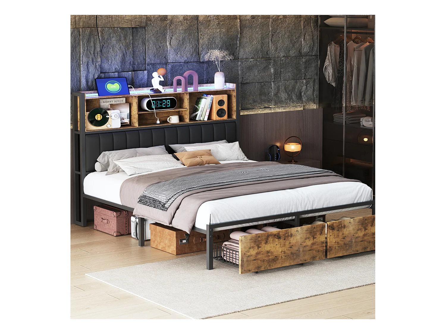Lit coffre double 140x200 cm avec sommier à lattes, tête de lit capitonnée PU, 2 tiroirs, éclairage LED et cadre métallique robuste.