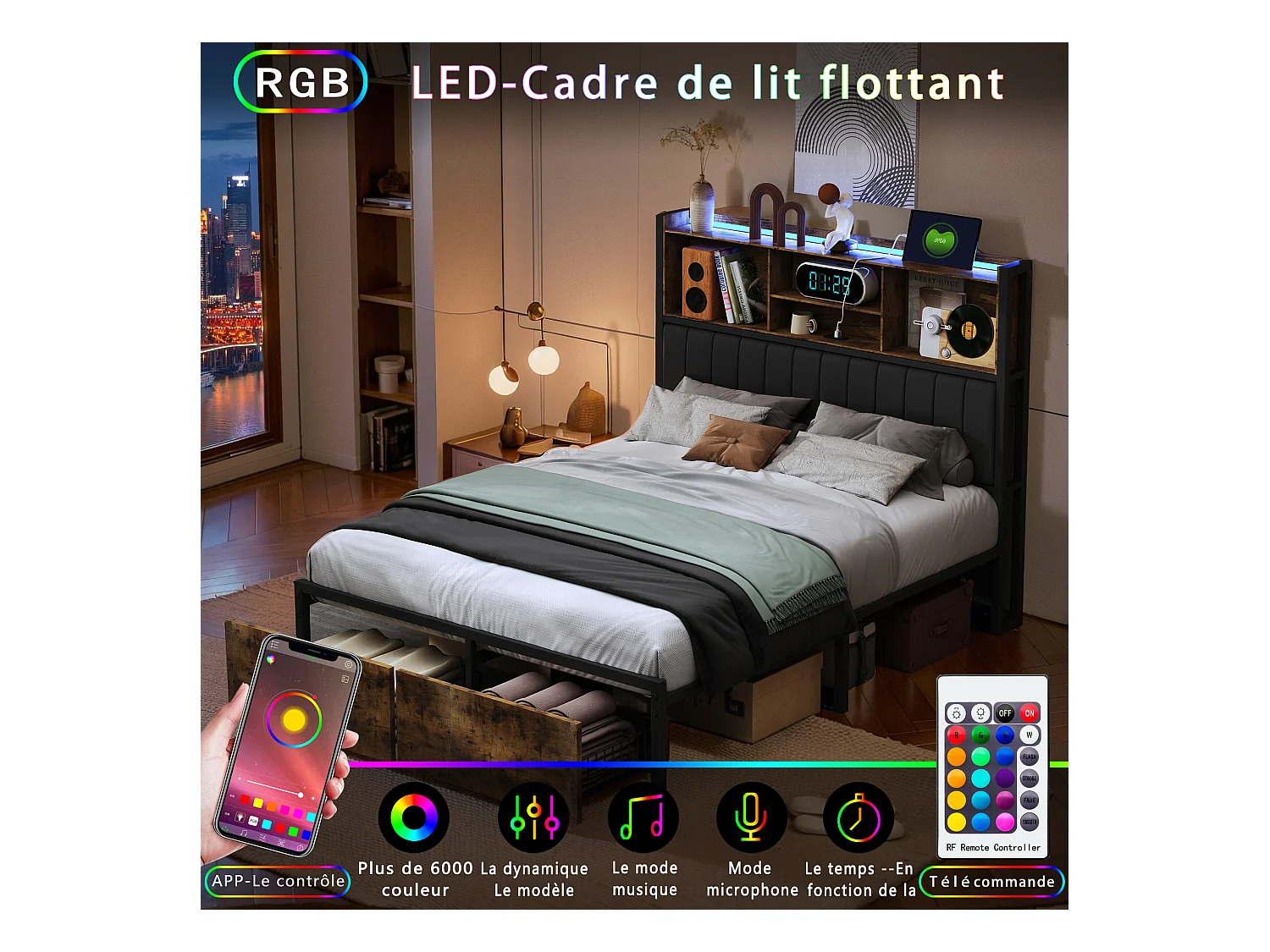 Lit coffre double 140x200 cm avec sommier à lattes, tête de lit capitonnée PU, 2 tiroirs, éclairage LED et cadre métallique robuste.