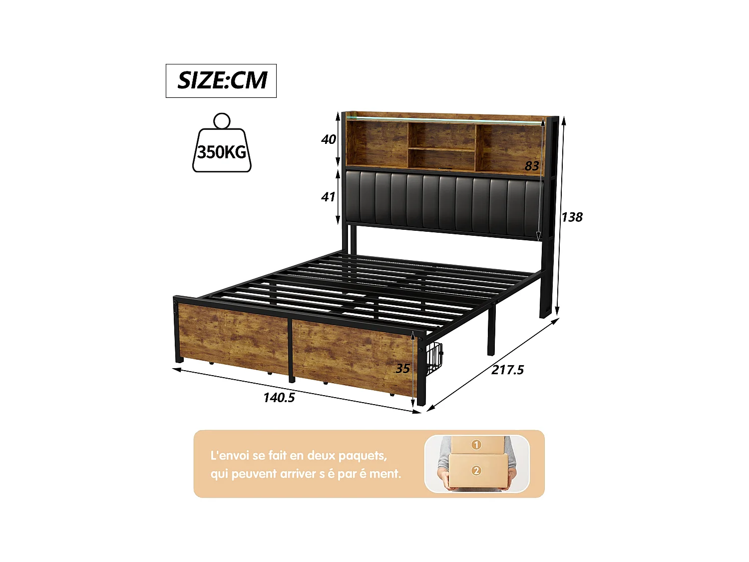 Lit coffre double 140x200 cm avec sommier à lattes, tête de lit capitonnée PU, 2 tiroirs, éclairage LED et cadre métallique robuste.