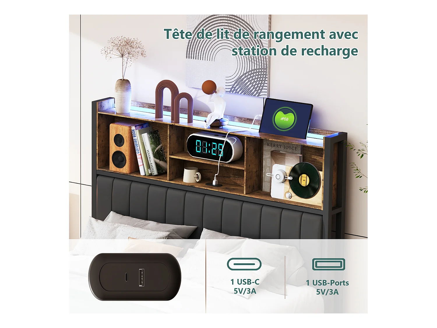 Lit coffre double 140x200 cm avec sommier à lattes, tête de lit capitonnée PU, 2 tiroirs, éclairage LED et cadre métallique robuste.