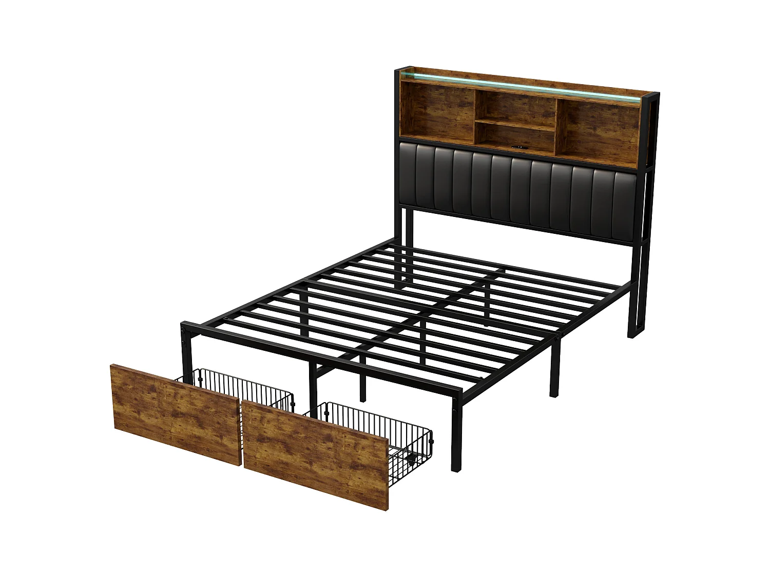 Lit coffre double 140x200 cm avec sommier à lattes, tête de lit capitonnée PU, 2 tiroirs, éclairage LED et cadre métallique robuste.