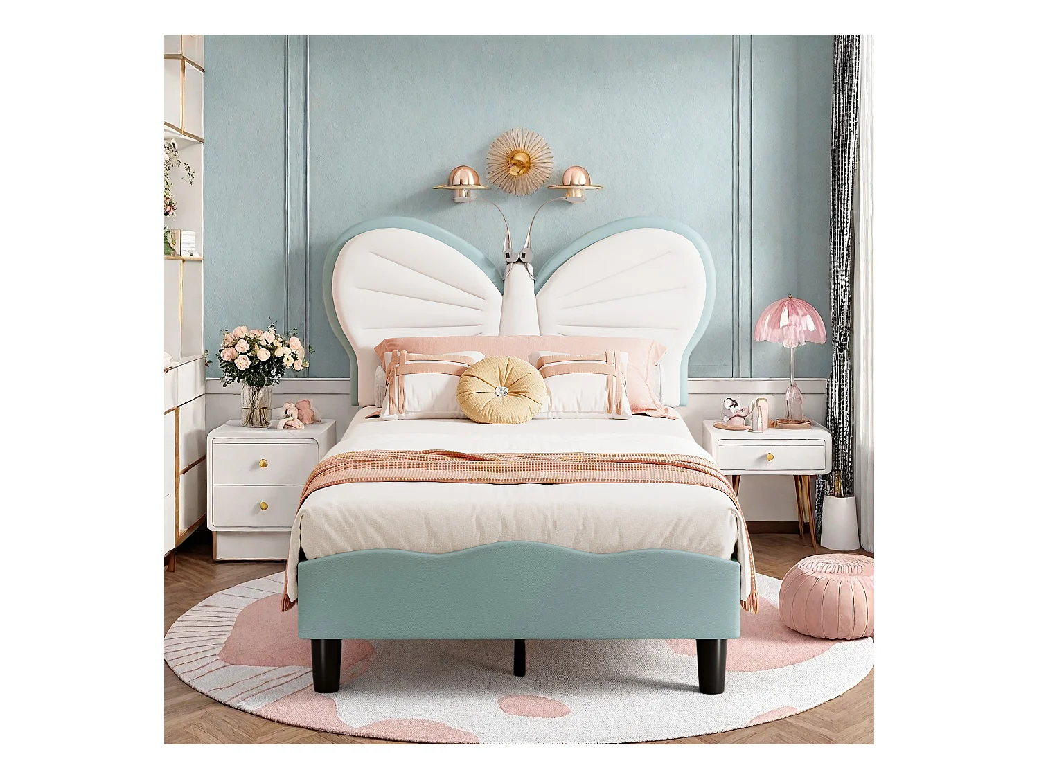 Lit enfant 90x200 cm en velours bleu et rose – Tête de lit papillon avec LED intégrée, Hauteur réglable, Montage facile