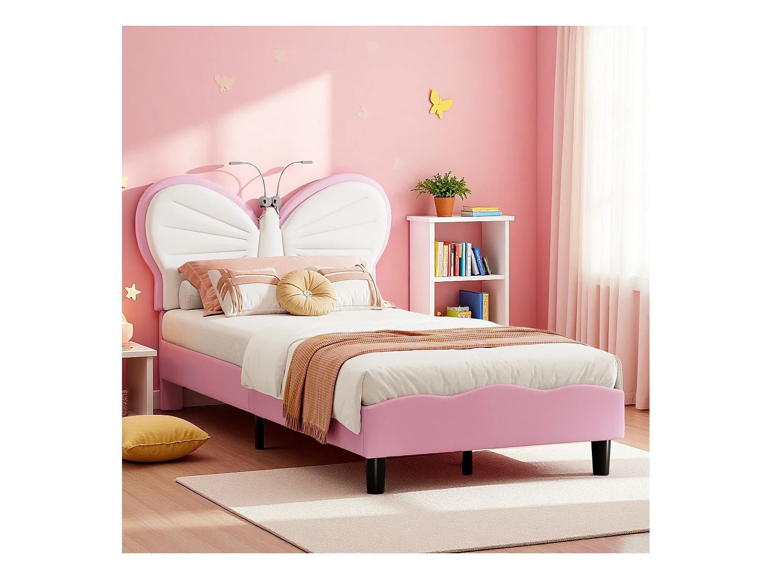 Lit enfant 90x200 cm en velours blanc et rose – Tête de lit papillon avec LED intégrée, Hauteur réglable, Montage facile