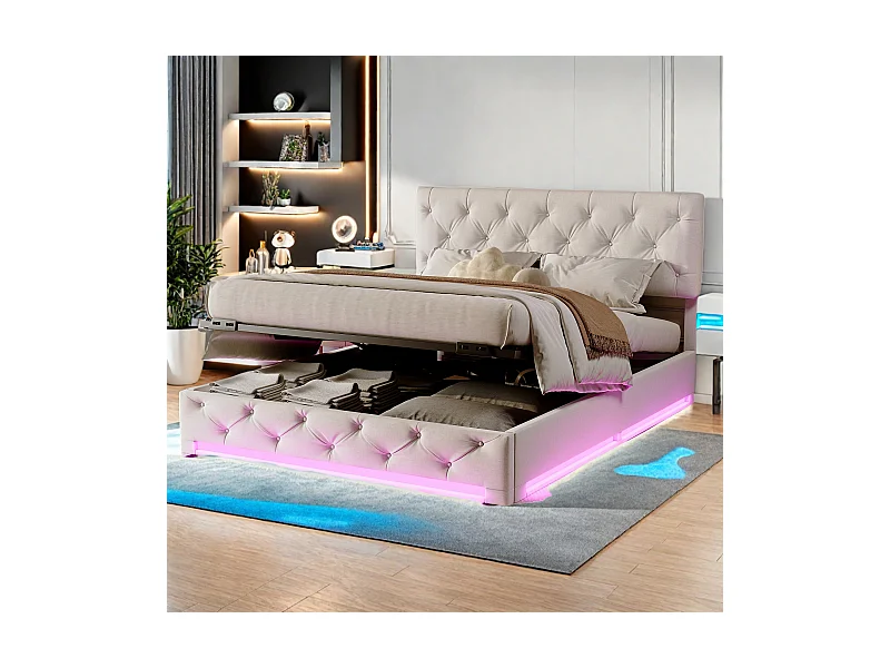 Lit coffre 140x200 cm en tissu beige avec LED RGB, tête de lit capitonnée réglable et grand espace de rangement hydraulique