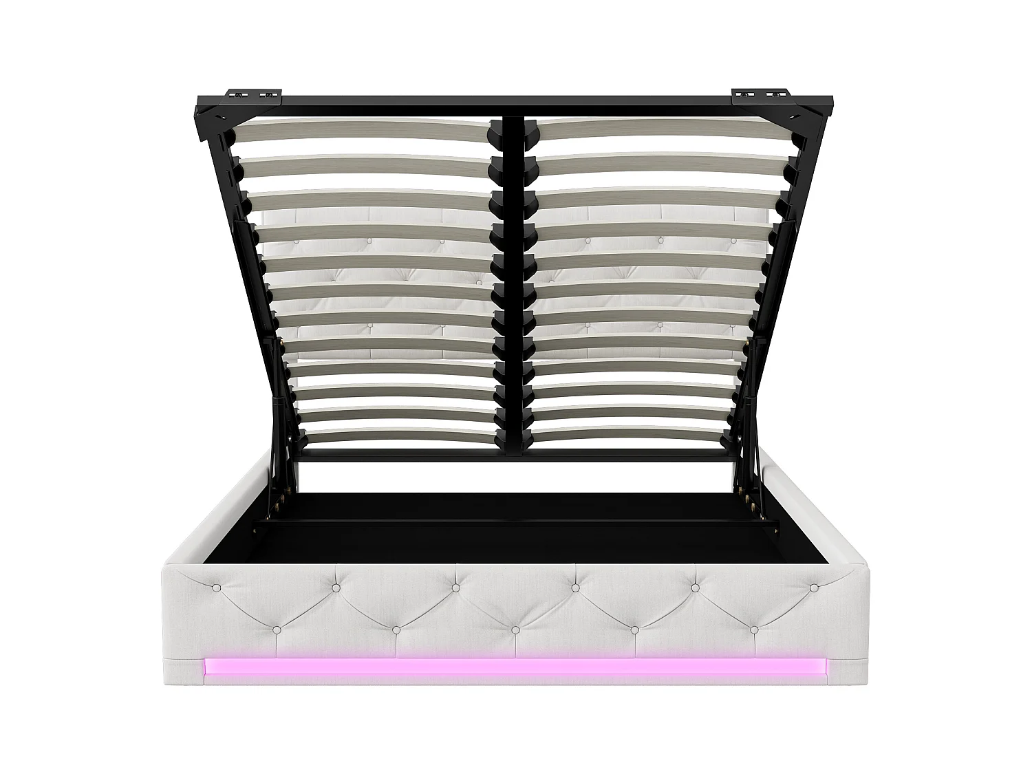 Lit coffre 140x200 cm en tissu beige avec LED RGB, tête de lit capitonnée réglable et grand espace de rangement hydraulique