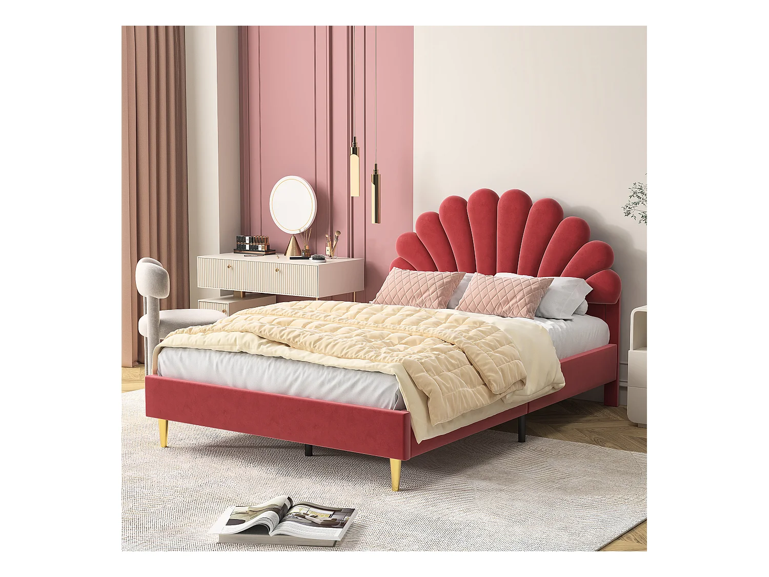Letto imbottito in velluto, 140*200 cm, letto matrimoniale, letto a forma di petalo, gambe in ferro dorato, base in legno, rosso