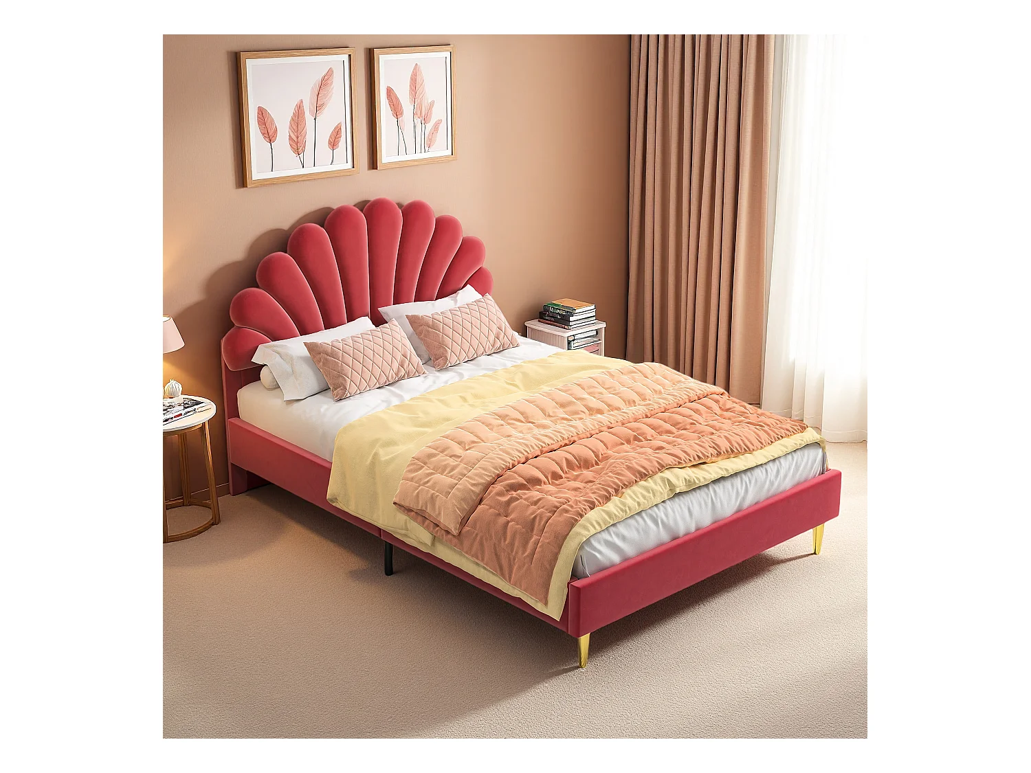 140x190 cm fluwelen gestoffeerd tweepersoonsbed, bloemblaadjesvormig bed, gouden ijzeren poten, houten onderstel, rood