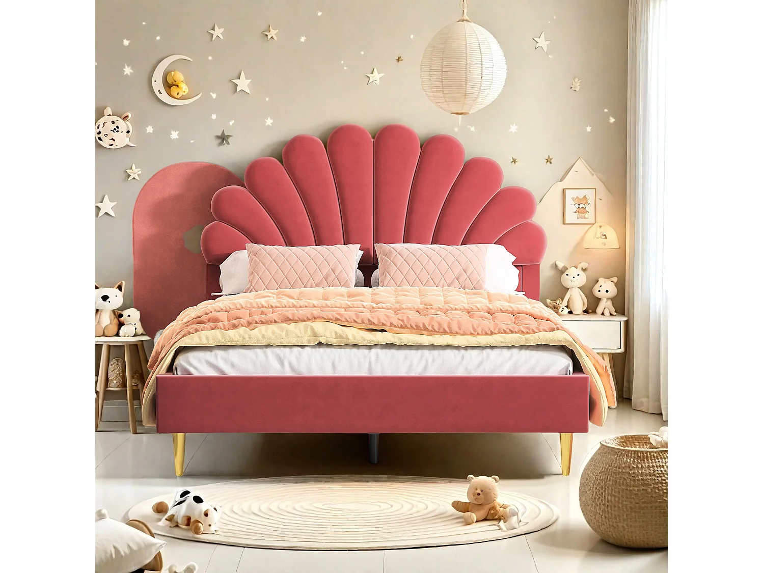 Lit tapissé de velours, 140*200 cm, lit double, lit en forme de pétale, pieds en fer doré, sommier en bois, rouge