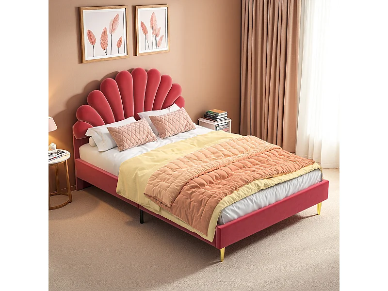 Letto imbottito in velluto, 140*200 cm, letto matrimoniale, letto a forma di petalo, gambe in ferro dorato, base in legno, rosso