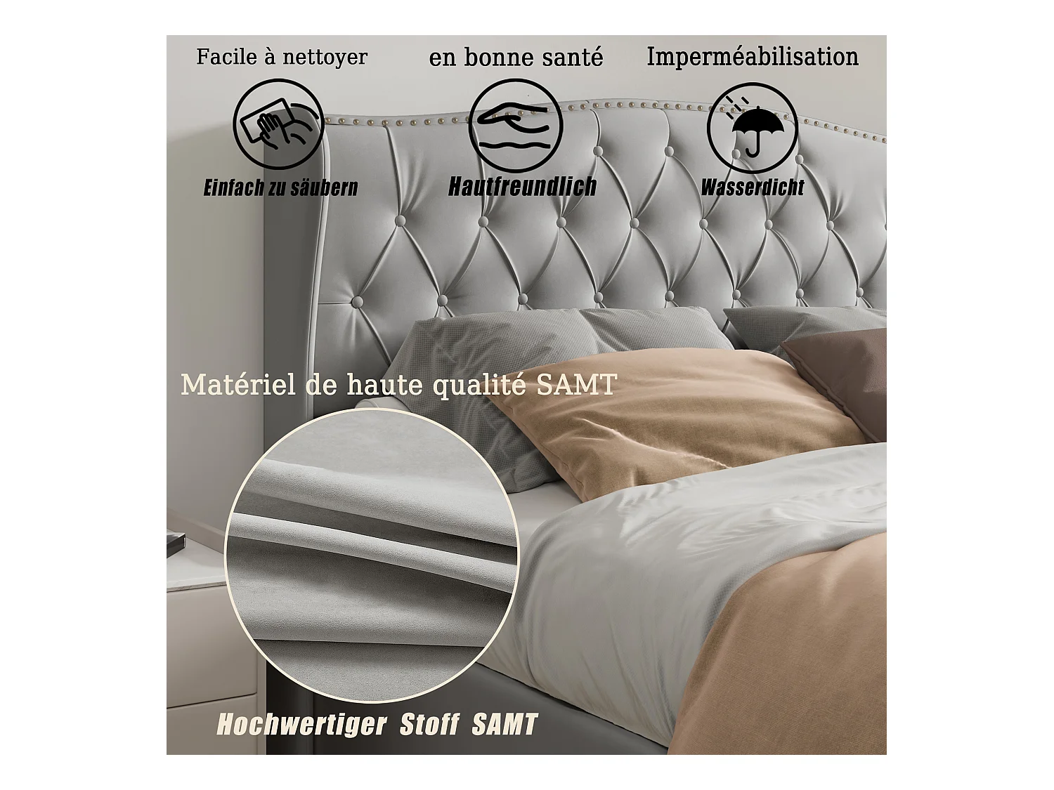 Lit en velours gris 160x200 cm avec clous décoratifs et motif ondulé, Lit double avec sommier à lattes et espace de rangement
