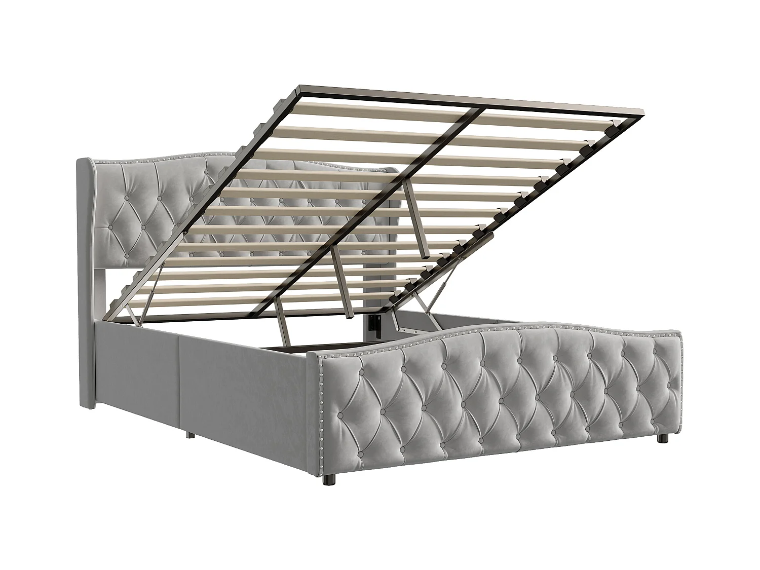 Lit en velours gris 160x200 cm avec clous décoratifs et motif ondulé, Lit double avec sommier à lattes et espace de rangement