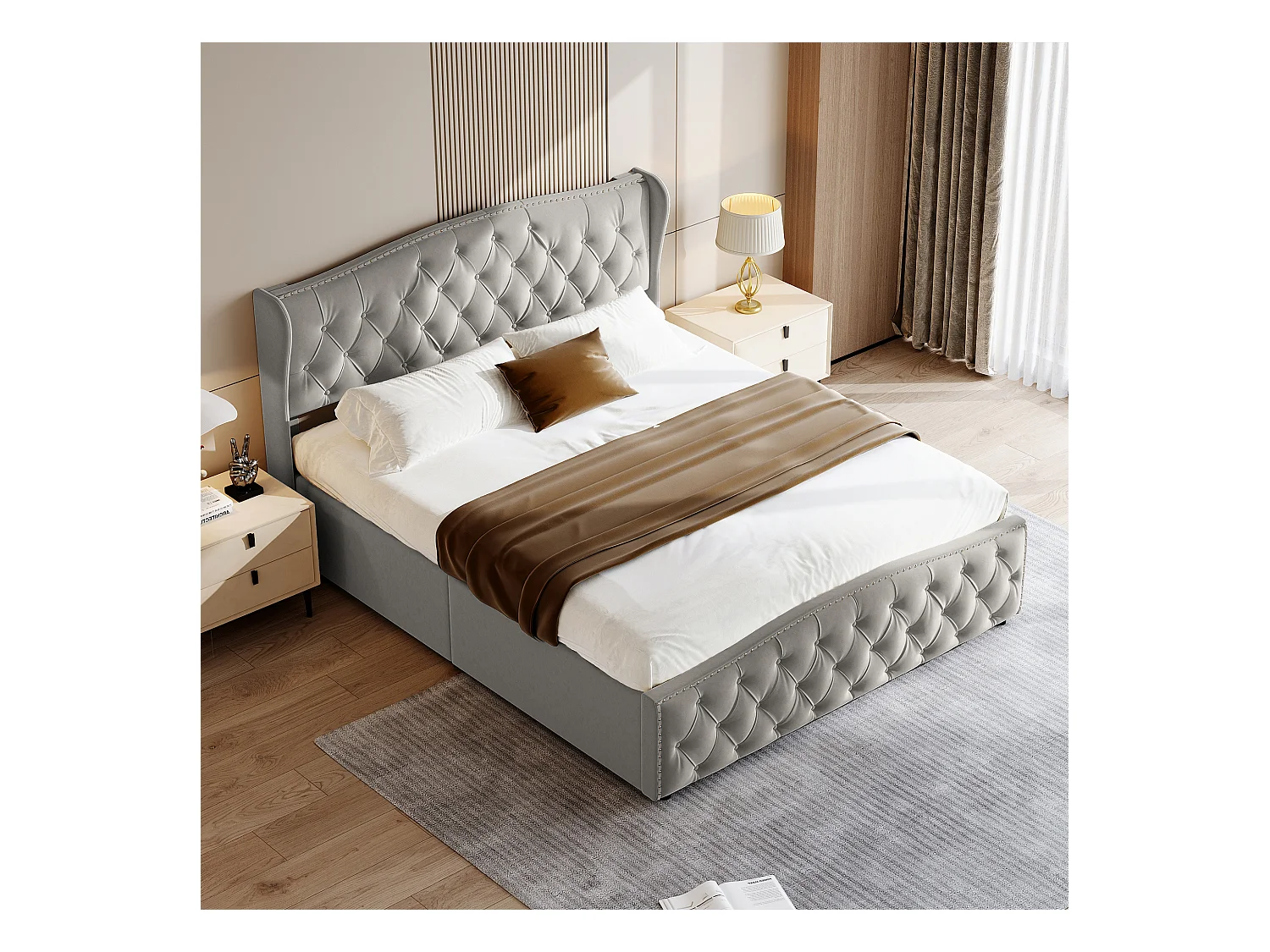 Lit en velours gris 160x200 cm avec clous décoratifs et motif ondulé, Lit double avec sommier à lattes et espace de rangement