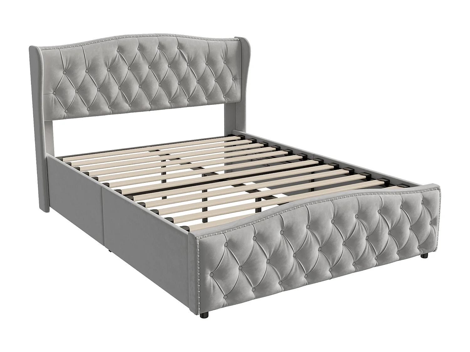 Lit en velours gris 160x200 cm avec clous décoratifs et motif ondulé, Lit double avec sommier à lattes et espace de rangement