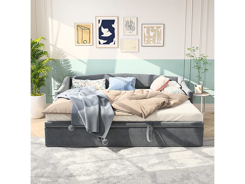 Grijze fluwelen slaapbank – 90x200 cm – Elegant en functioneel design