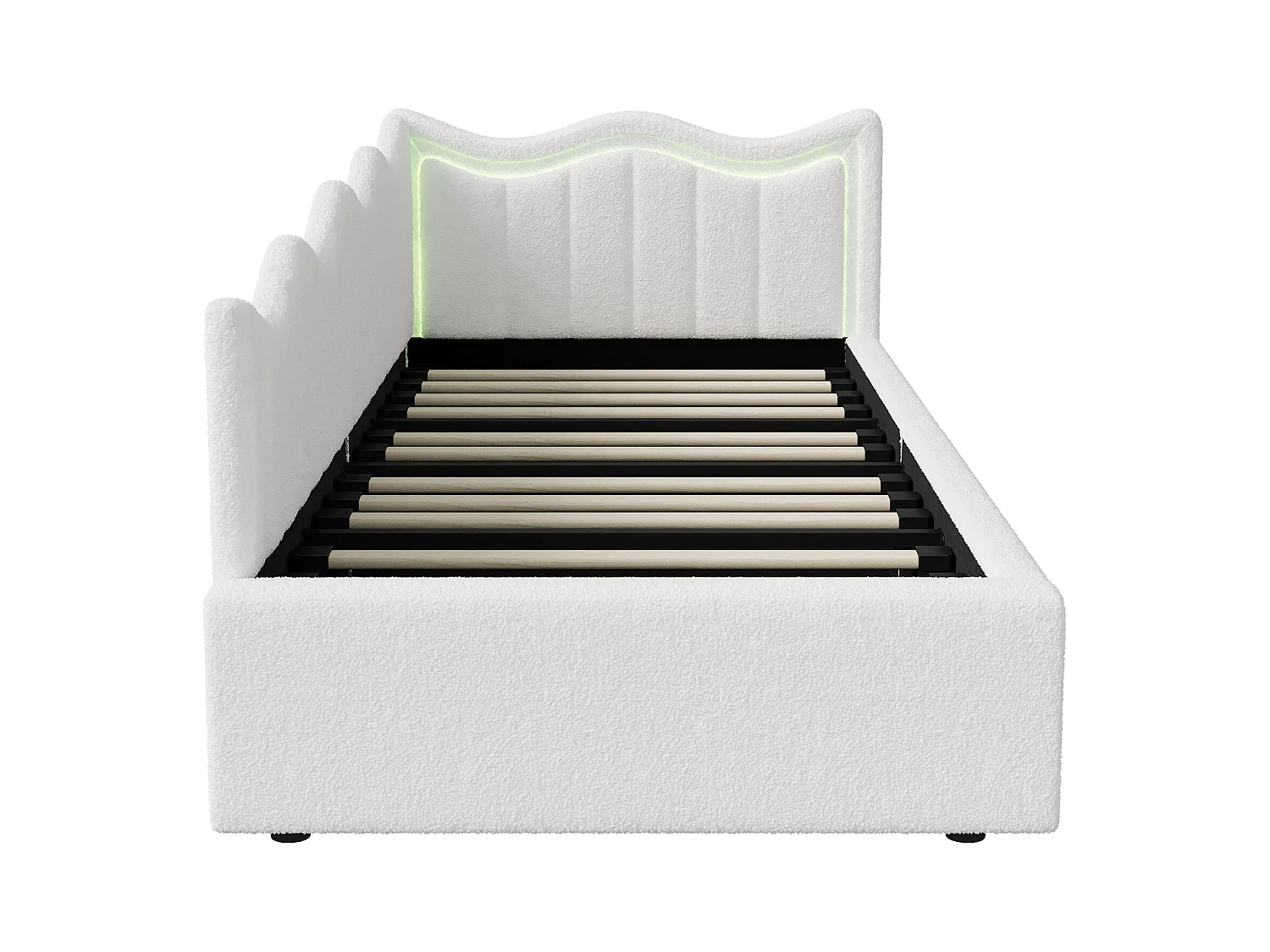 Kinderbed/bank met opbergruimte en LED – 90x200 cm – Witte pluche stof met modern golvend hoofdbord