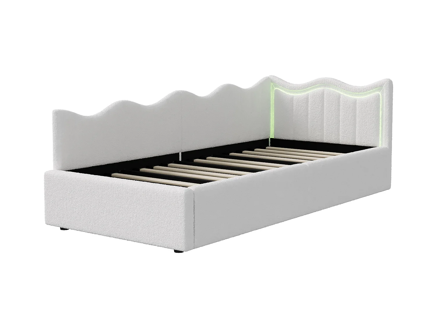 Kinderbed/bank met opbergruimte en LED – 90x200 cm – Witte pluche stof met modern golvend hoofdbord