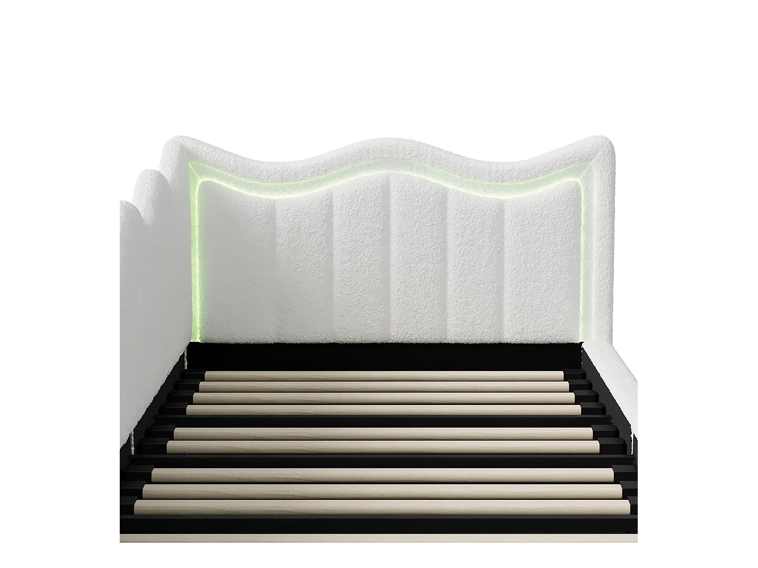 Kinderbed/bank met opbergruimte en LED – 90x200 cm – Witte pluche stof met modern golvend hoofdbord