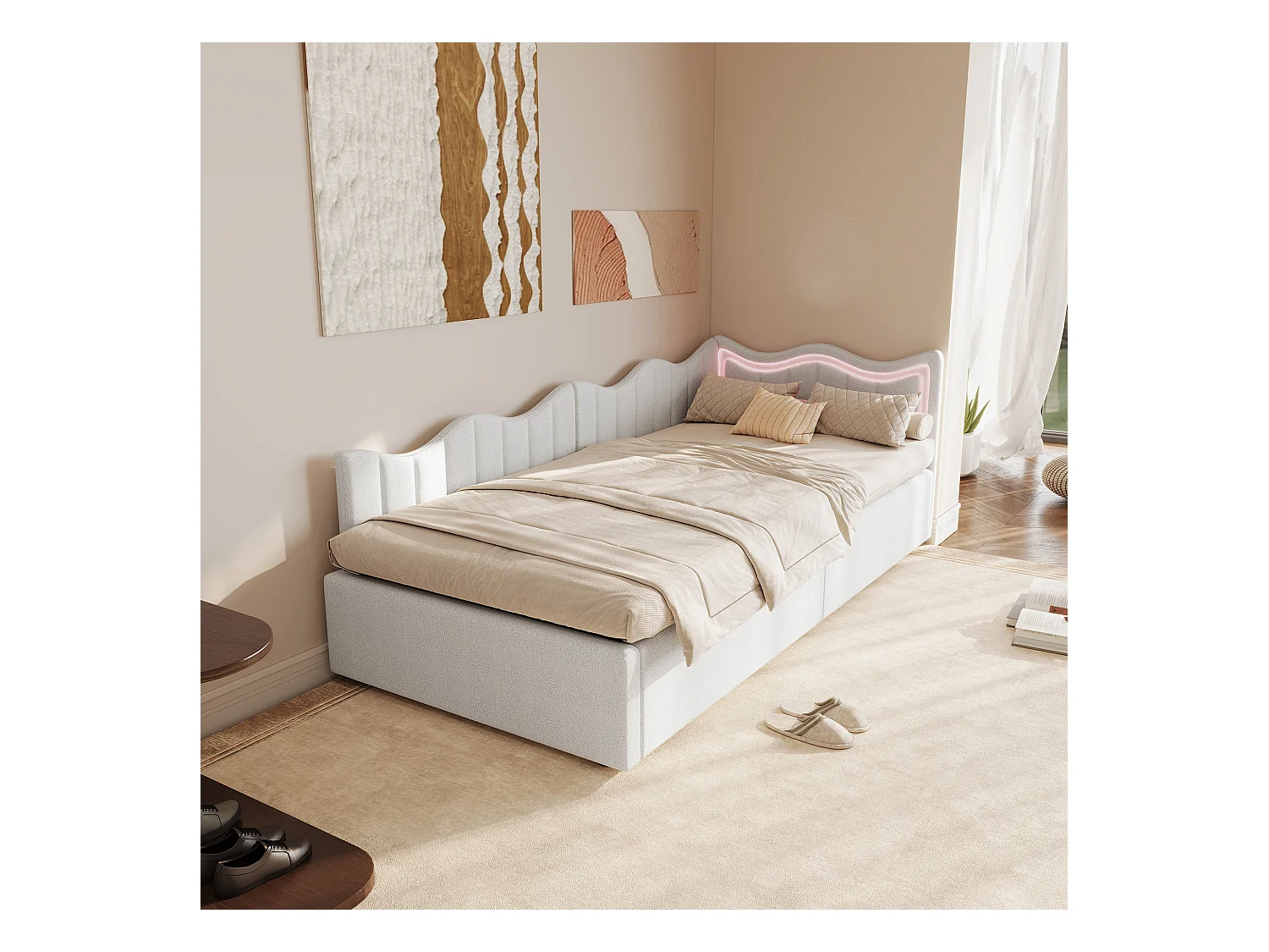 Lit enfant/banquette avec coffre et LED – 90x200 cm – Tissu peluche blanc avec tête de lit ondulée design moderne