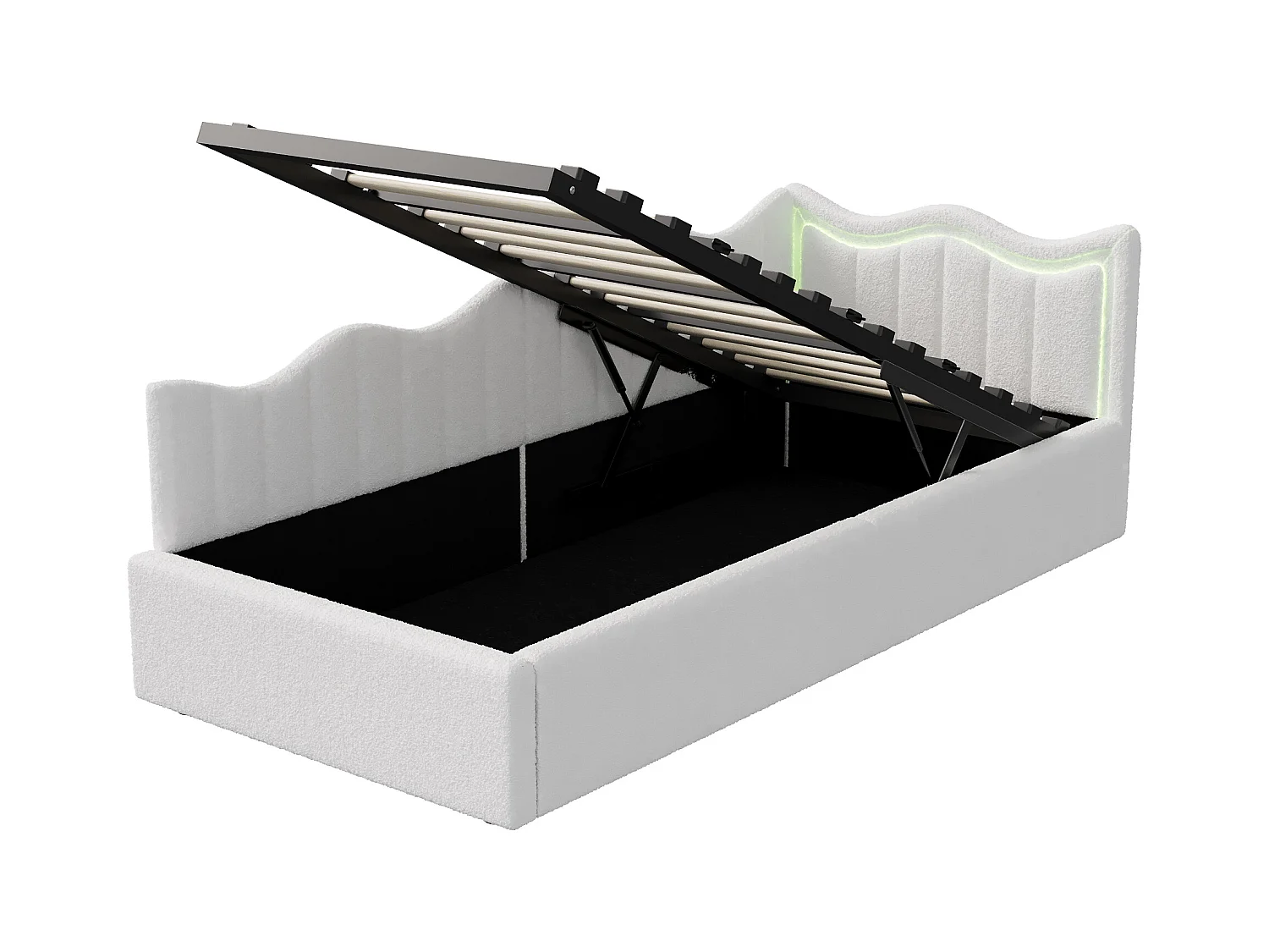 Lit enfant/banquette avec coffre et LED – 90x200 cm – Tissu peluche blanc avec tête de lit ondulée design moderne