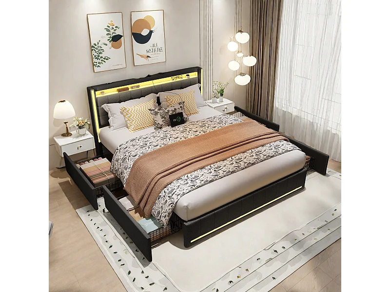 Lit double 160x200 cm en lin gris foncé – Tête et pied de lit avec LED, 4 tiroirs métalliques, ports USB & Type-C