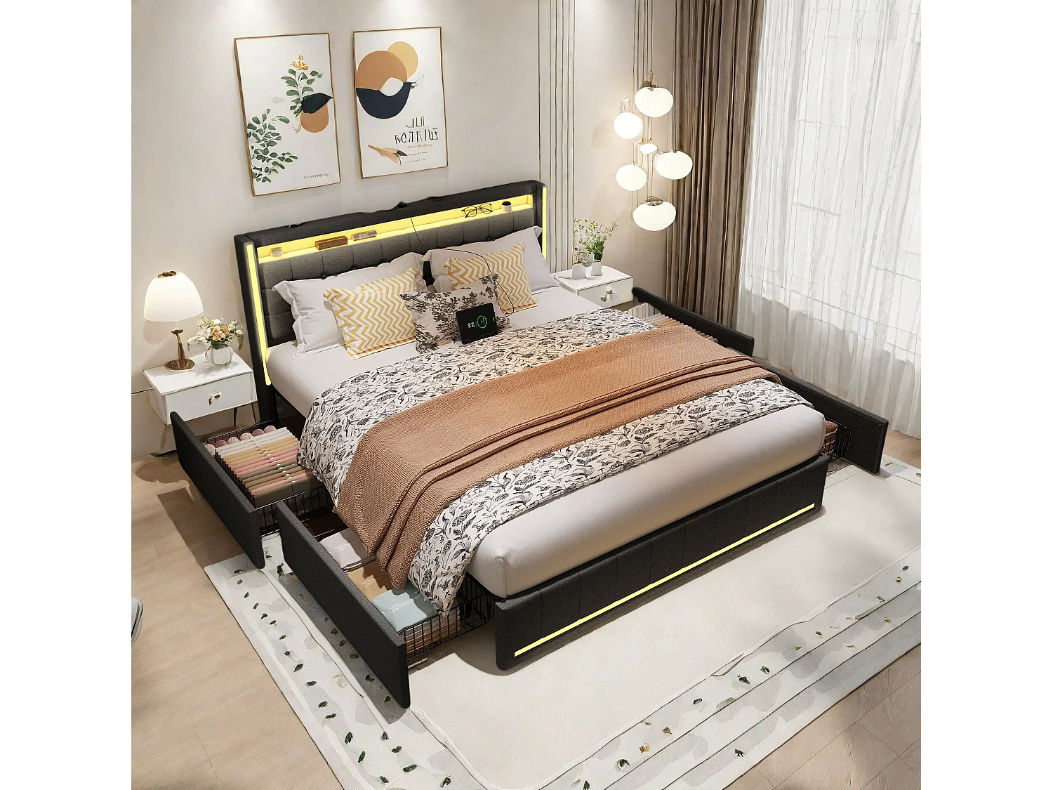 Lit double 160x200 cm en lin gris foncé – Tête et pied de lit avec LED, 4 tiroirs métalliques, ports USB & Type-C