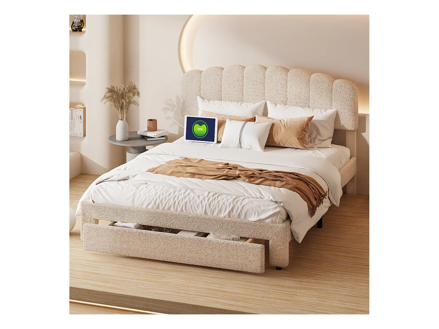 Lit double 160x200 cm en tissu teddy beige – Tiroirs de rangement au pied du lit et ports USB intégrés