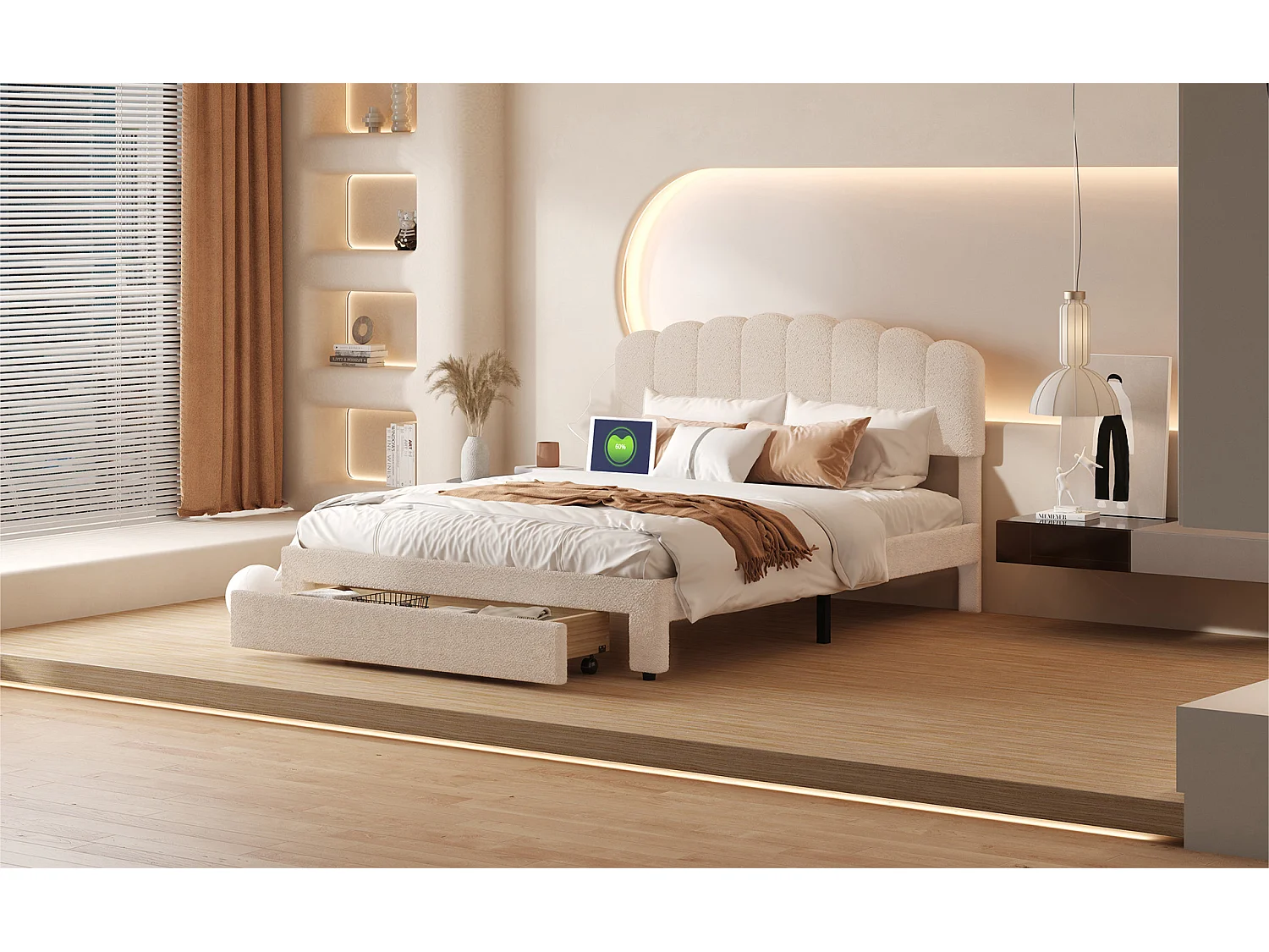 Lit double 160x200 cm en tissu teddy beige – Tiroirs de rangement au pied du lit et ports USB intégrés