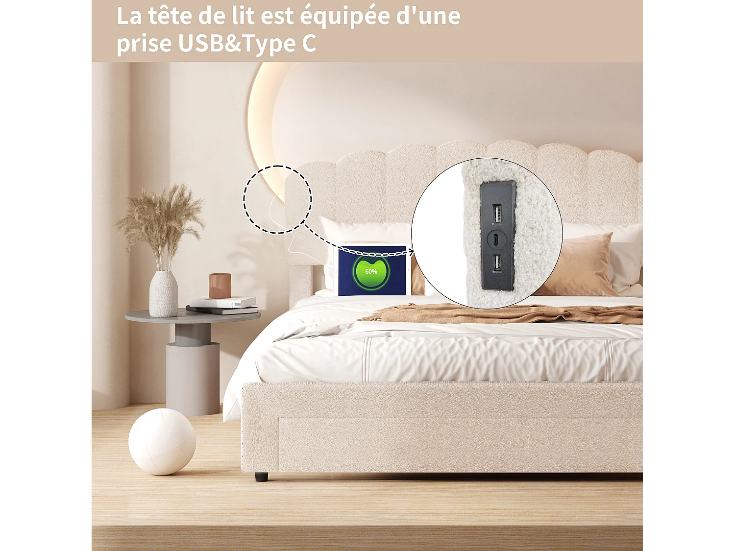 Lit double 160x200 cm en tissu teddy beige – Tiroirs de rangement au pied du lit et ports USB intégrés