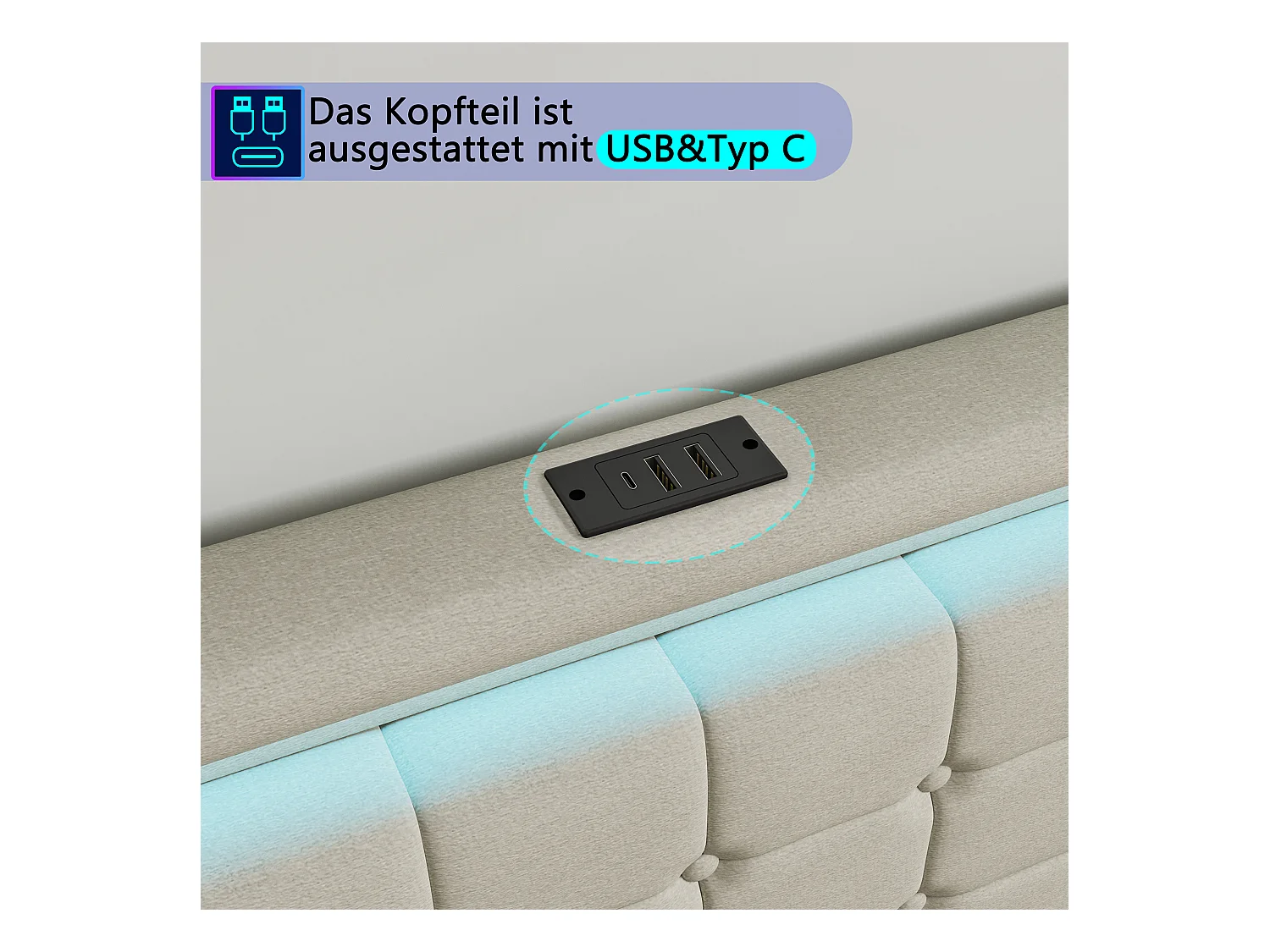 Lit double 140x200 cm en lin beige – Tête et pied de lit avec LED, 4 tiroirs métalliques, ports USB & Type-C