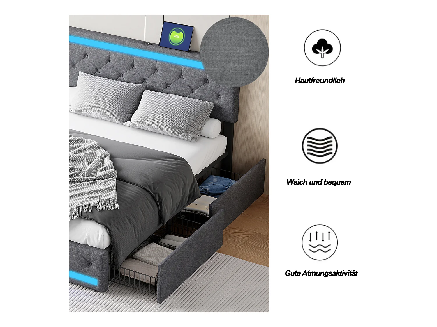Lit double en lin gris foncé 180x200 cm – LED intégrées, ports USB/Type-C, 4 tiroirs en métal