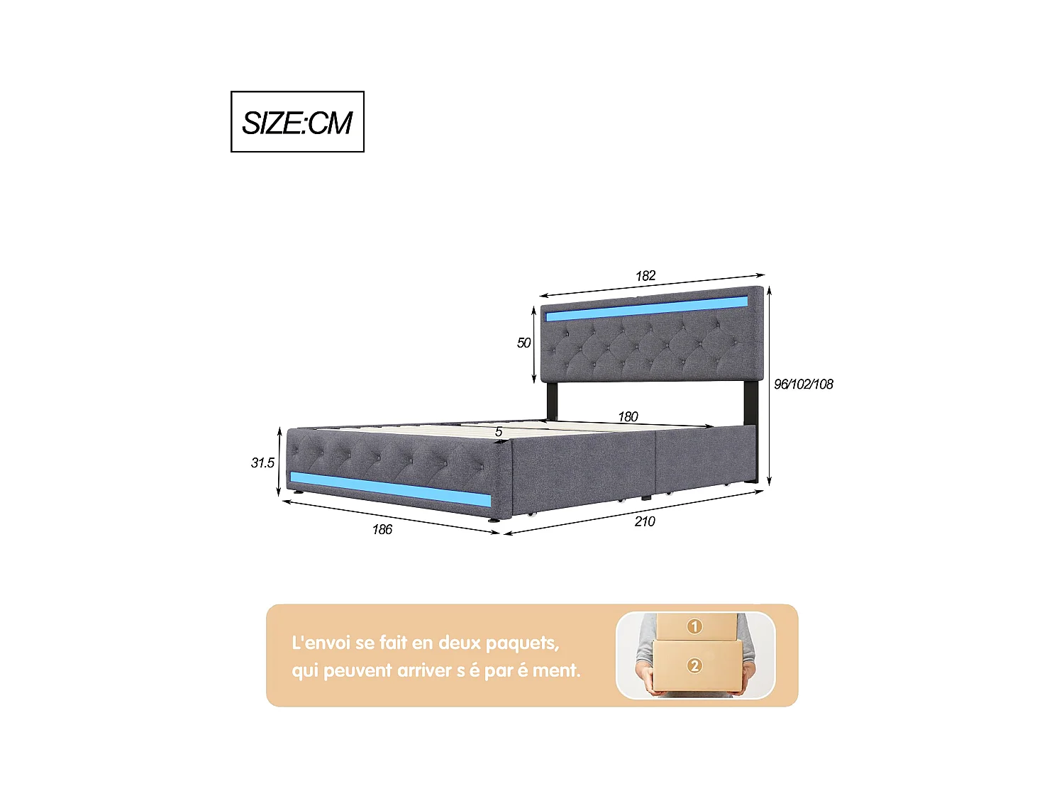 Lit double en lin gris foncé 180x200 cm – LED intégrées, ports USB/Type-C, 4 tiroirs en métal