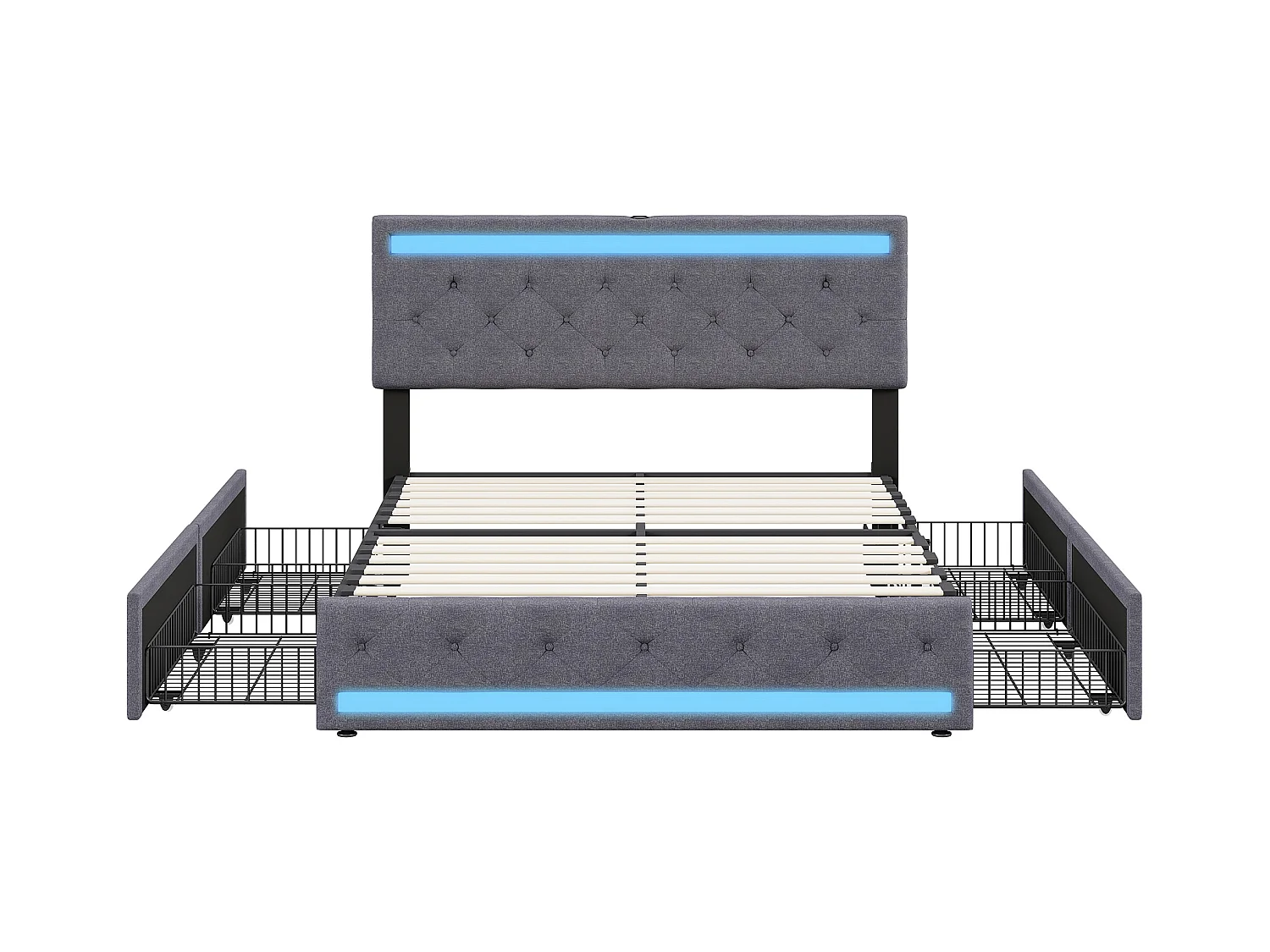 Lit double en lin gris foncé 180x200 cm – LED intégrées, ports USB/Type-C, 4 tiroirs en métal