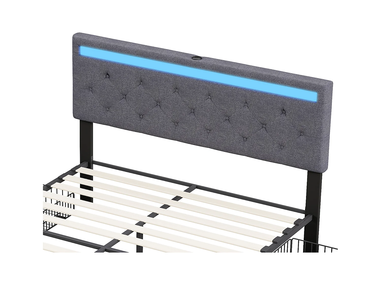Lit double en lin gris foncé 180x200 cm – LED intégrées, ports USB/Type-C, 4 tiroirs en métal