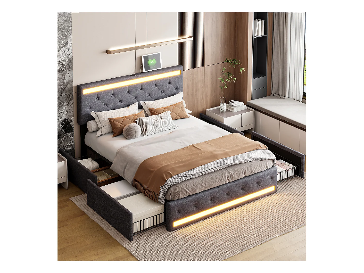 Cama doble de lino gris oscuro de 140 x 200 cm: LED integrados, puertos USB/Tipo C y 4 cajones metálicos.