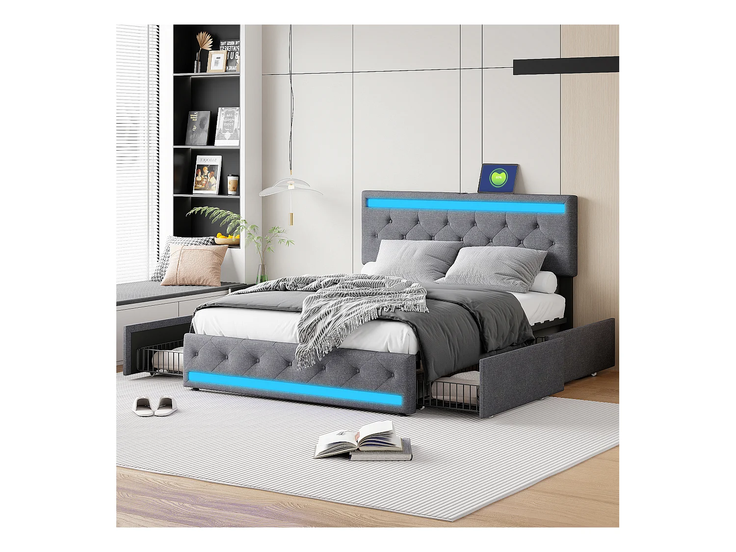 Lit double en lin gris foncé 140x200 cm – LED intégrées, ports USB/Type-C, 4 tiroirs en métal