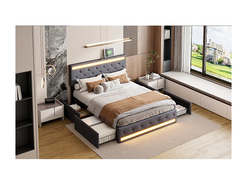 Lit double en lin gris foncé 160x200 cm – LED intégrées, ports USB/Type-C, 4 tiroirs en métal