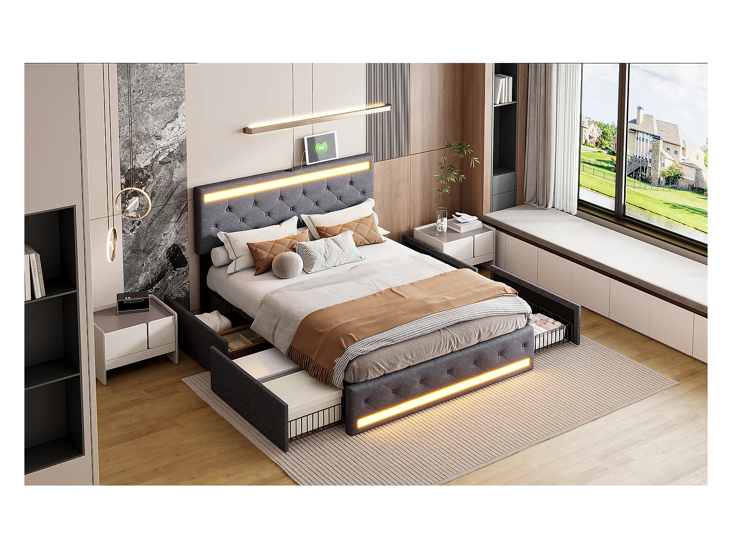 Letto matrimoniale in lino grigio scuro 160x200 cm – LED integrati, porte USB/Type-C, 4 cassetti in metallo