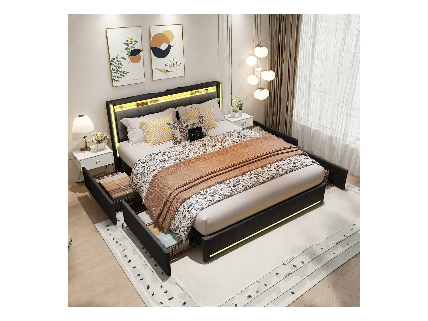 Lit double 140x200 cm en lin gris foncé – Tête et pied de lit avec LED, 4 tiroirs métalliques, ports USB & Type-C