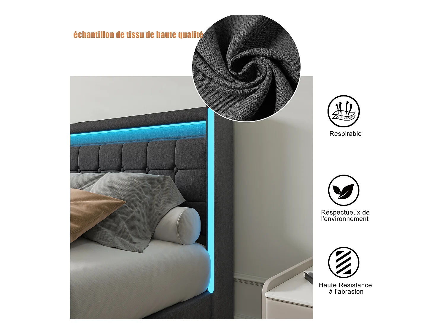 Lit double 140x200 cm en lin gris foncé – Tête et pied de lit avec LED, 4 tiroirs métalliques, ports USB & Type-C