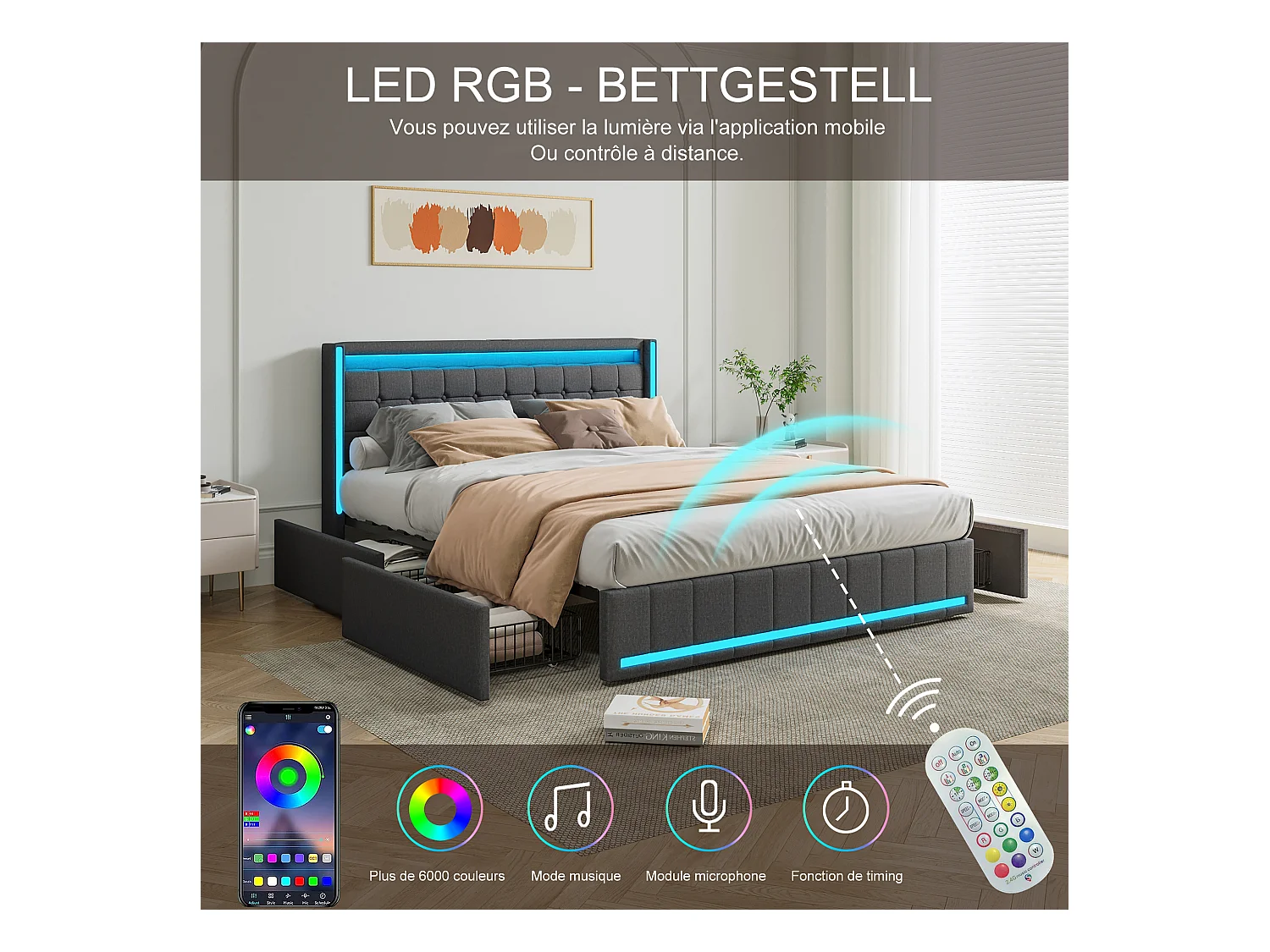 Lit double 140x200 cm en lin gris foncé – Tête et pied de lit avec LED, 4 tiroirs métalliques, ports USB & Type-C