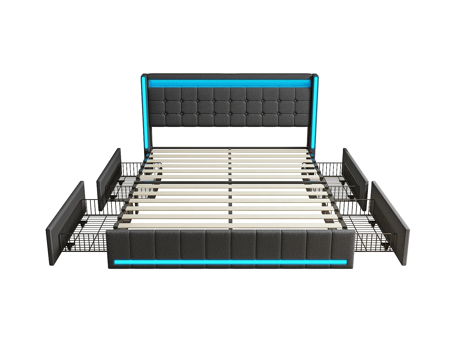 Lit double 140x200 cm en lin gris foncé – Tête et pied de lit avec LED, 4 tiroirs métalliques, ports USB & Type-C