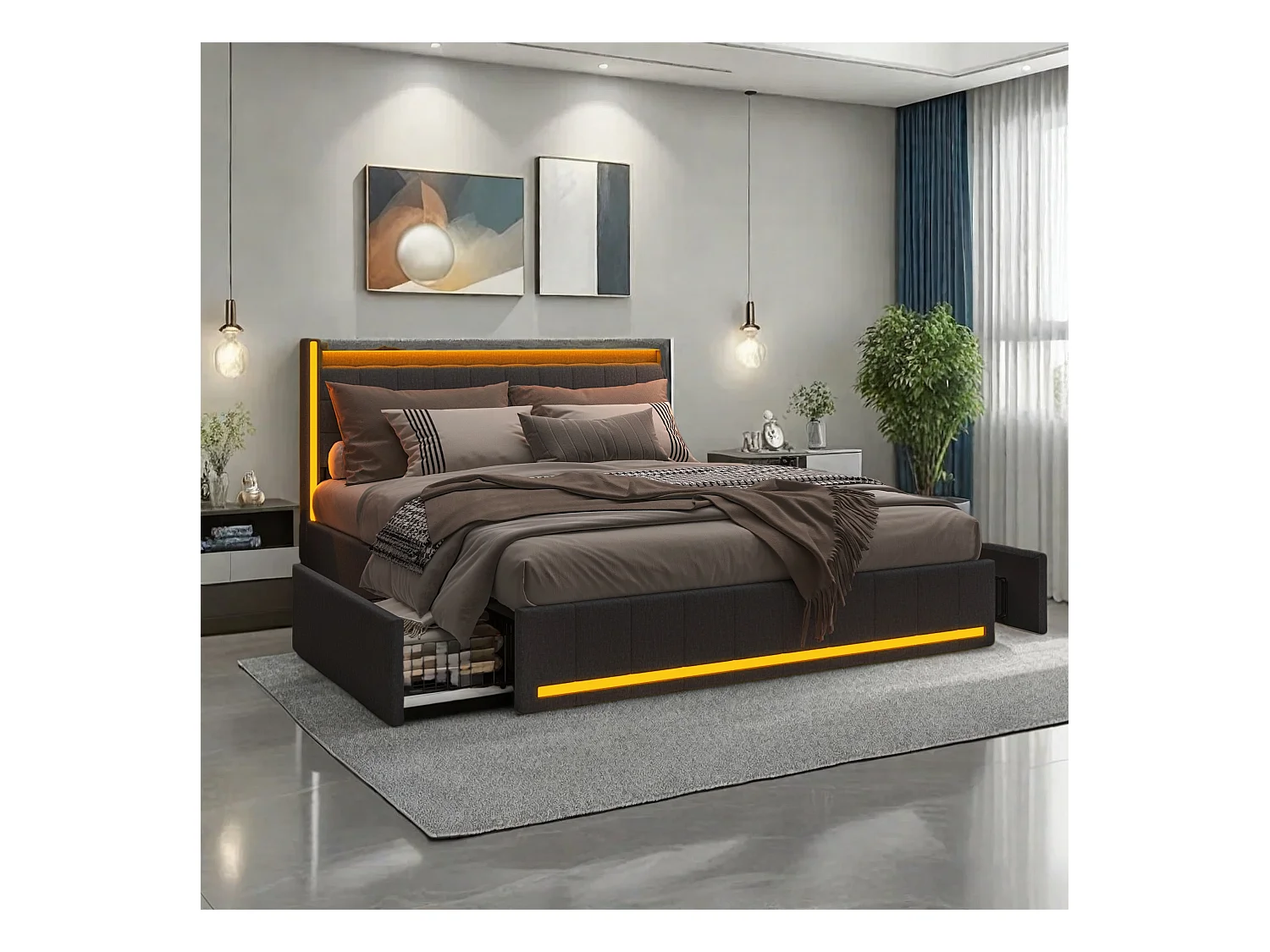 Tweepersoonsbed van 140x200 cm in donkergrijs linnen – Hoofdbord en voeteneinde met ledverlichting, 4 metalen lades, USB- en Type-C-aansluitingen