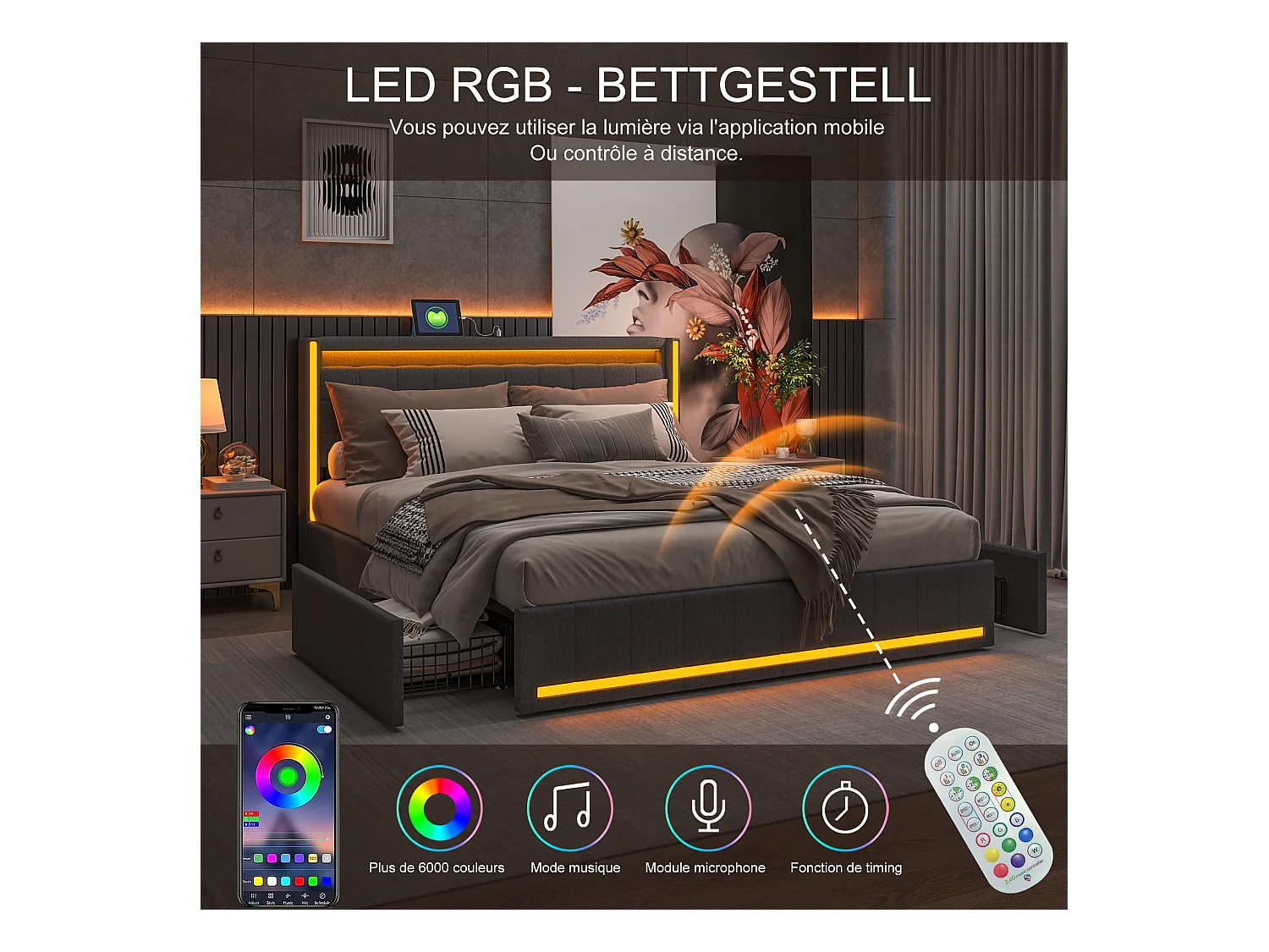 Tweepersoonsbed van 140x200 cm in donkergrijs linnen – Hoofdbord en voeteneinde met ledverlichting, 4 metalen lades, USB- en Type-C-aansluitingen